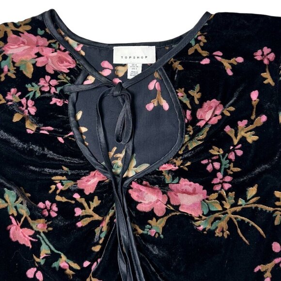 Boho Burntout Velvet Floral Crop Top Blouse Sz.S Black Bishop Sleeve Fairy Goth - Picture 4 of 11